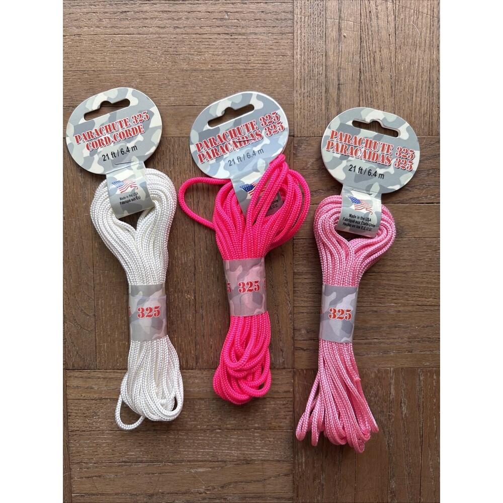 Parachute 325 Paracord LOT OF 3 Neon Pink Medium Pink and White 21ft/6.4m NEW - Picture 2 of 7